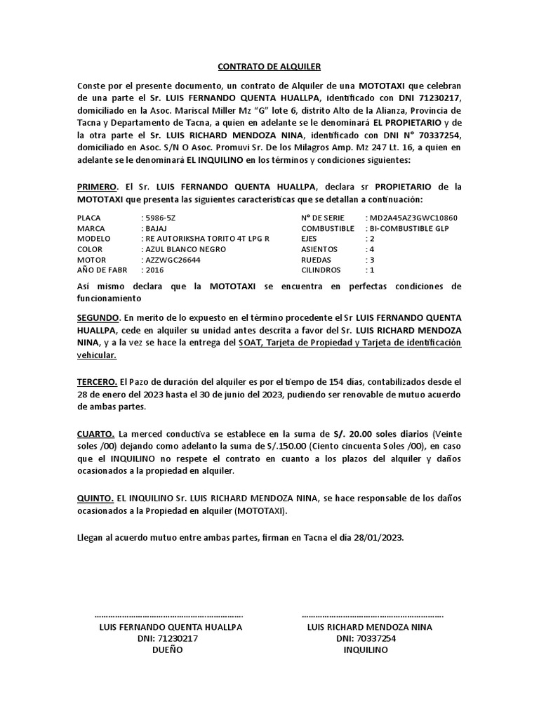 Contrato de Alquiler de Mototaxi | PDF | Transporte privado ...