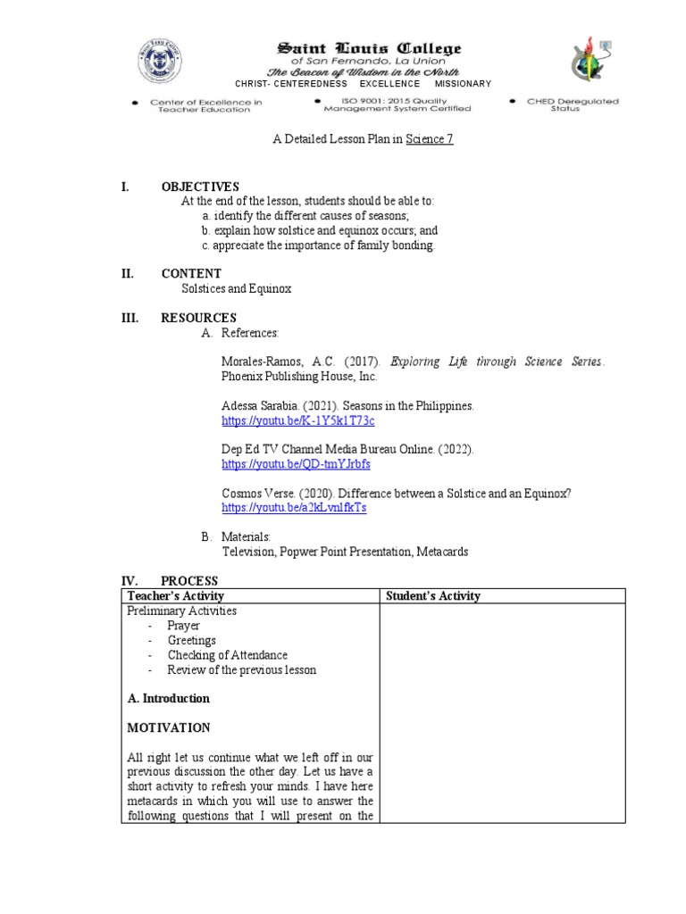 DONE LESSON PLAN - Solstice and Equinox | PDF | Climate | Astronomy