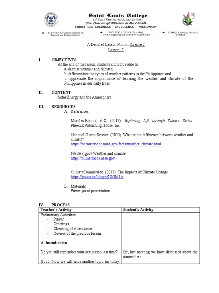 Weather and Climate Lesson Plan for Grade 7 | PDF | Weather | Thermometer