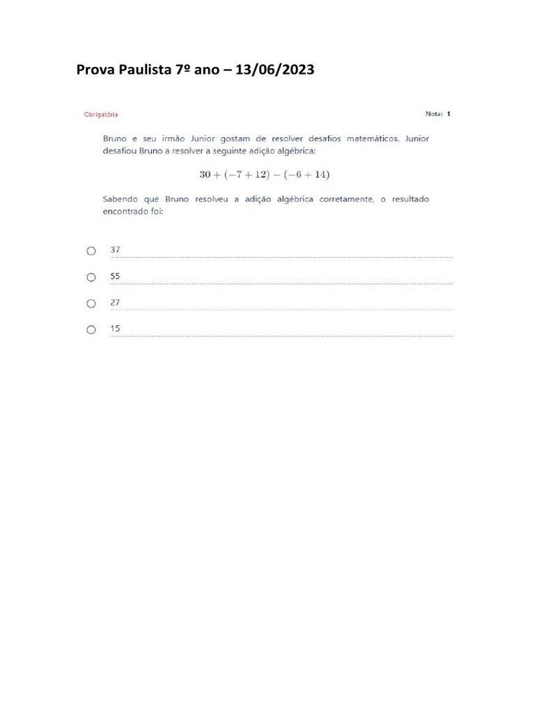 Prova Paulista 7º Ano 2023 | PDF
