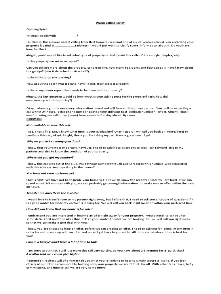 Warm Calling Script for Property Inquiry | PDF | Financial Services ...