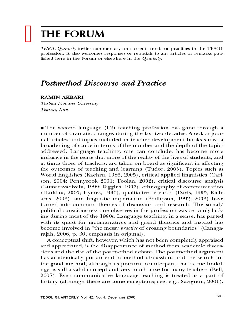 Postmethod Discourse in Language Teaching | PDF | Teachers | Pedagogy