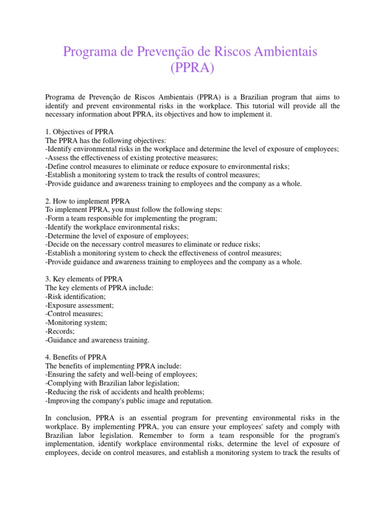 Programa de Prevenção de Riscos Ambientais (PPRA) | PDF