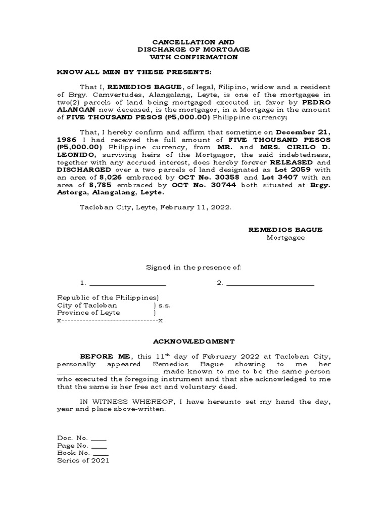 Cancellation of Mortgage (True) Deceased PDF