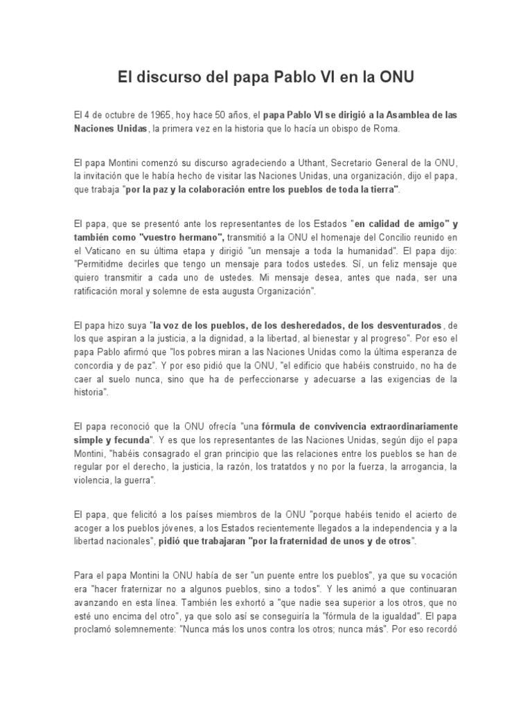 El Discurso Del Papa Pablo Vi En La Onu Pdf Naciones Unidas