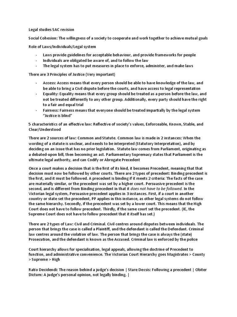Legal Studies SAC Revision | PDF | Precedent | Common Law