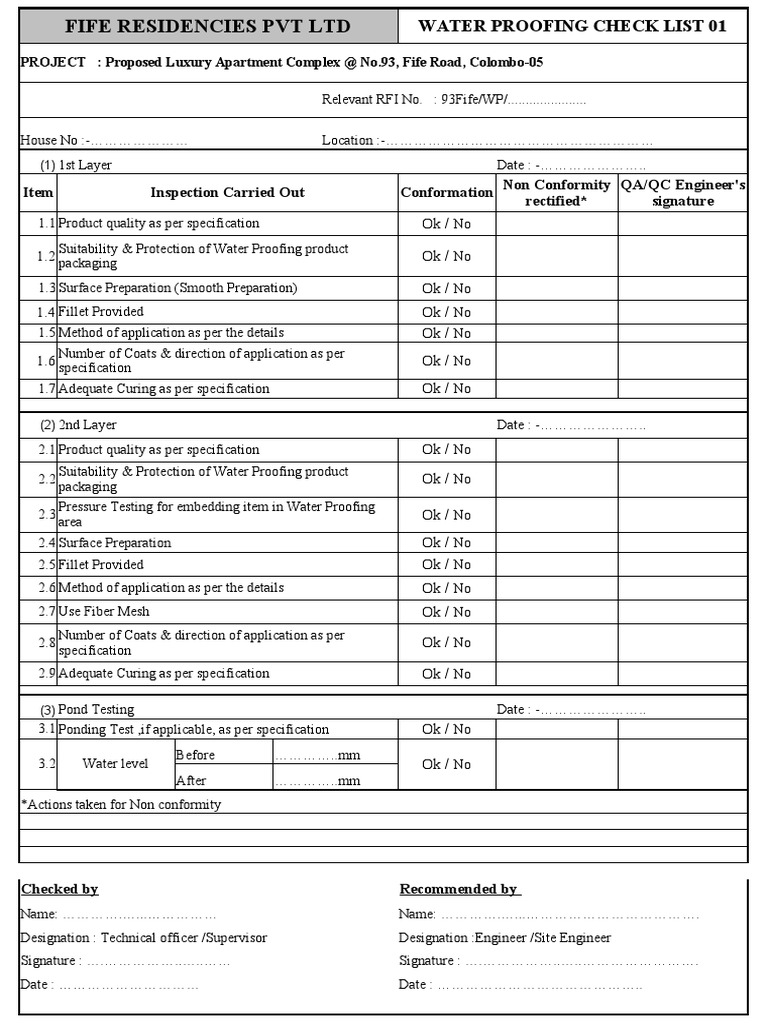 Water Proofing Check List Fife Road PDF Mechanical Engineering