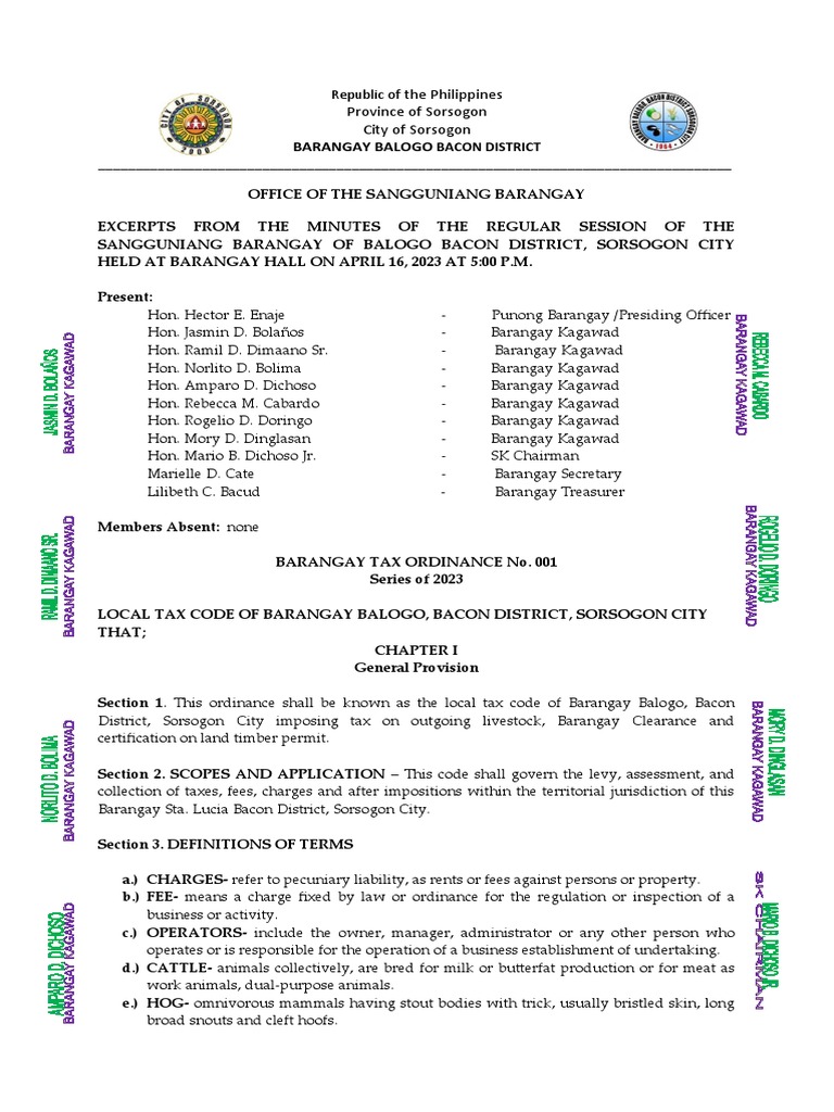 Barangay Balogo Tax Ordinance 2023 | PDF | Fine (Penalty) | Justice