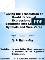6 Giving The Translation of Real-Life Verbal Expressions and Equations Into Letters or Symbols and Vice Versa