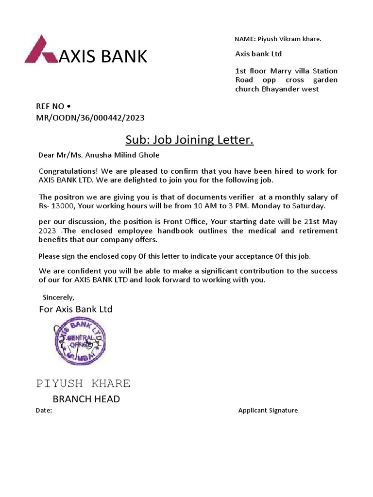 Joining Letter of Axis Bank PDF
