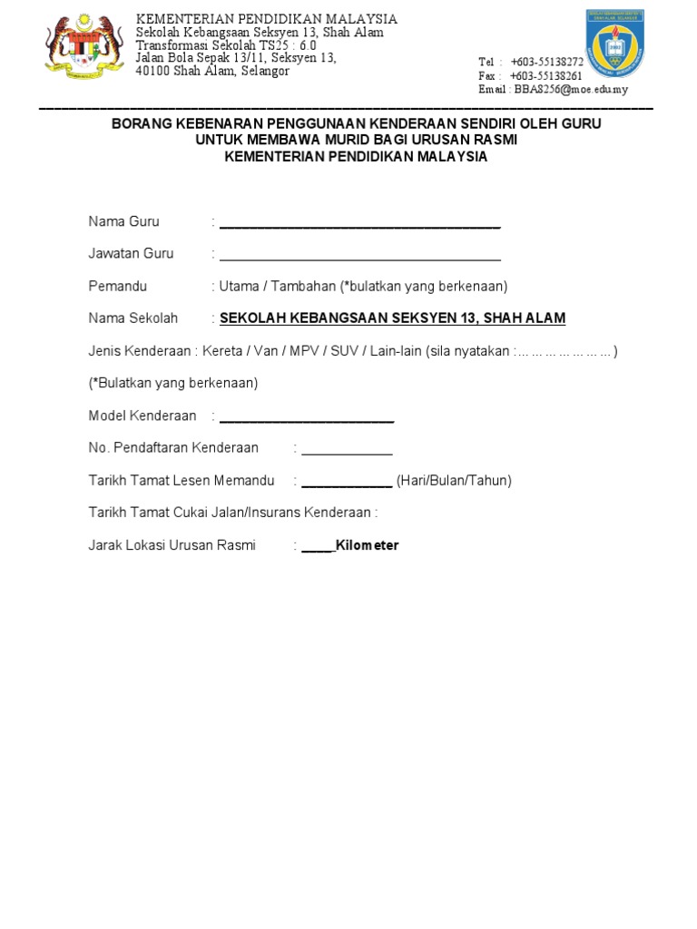 Borang Kebenaran Menggunakan Kenderaan Sendiri KPM Sks13skk | PDF