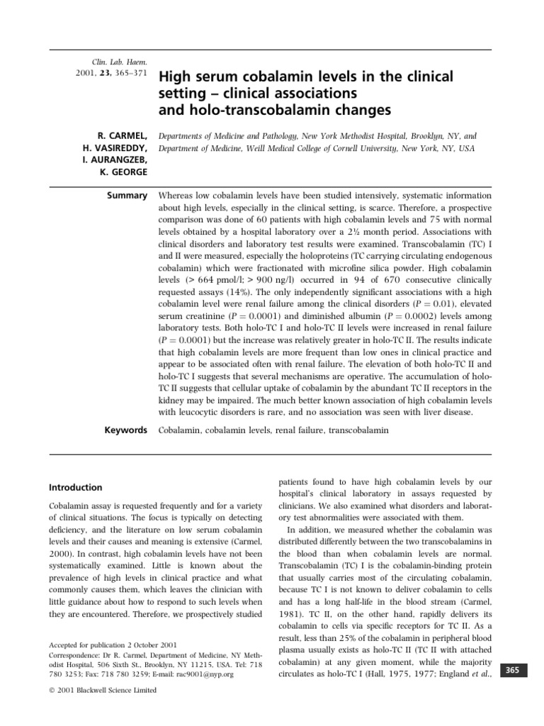 High Serum Cobalamin Levels in He Clinical Setting Download Free PDF