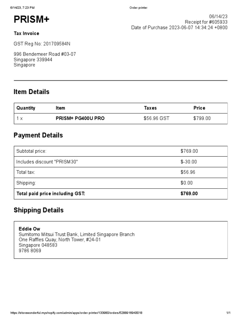 PRISM+ PG400U PRO Purchase Receipt | PDF