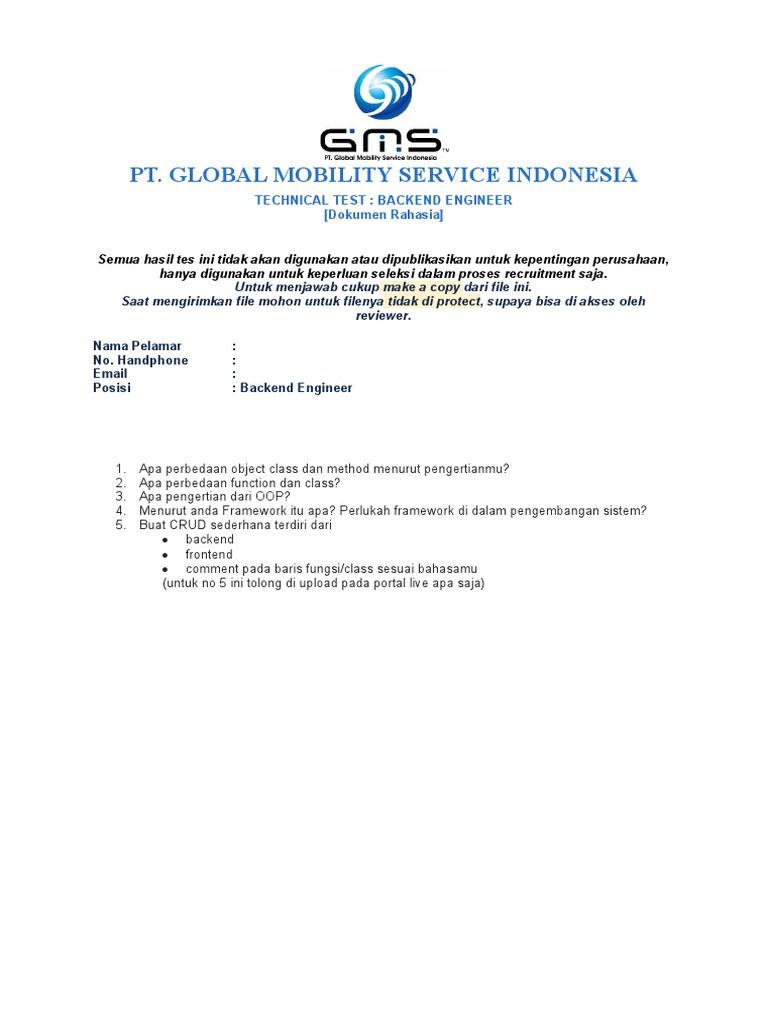 Tes Teknis Backend Engineer GMSI | PDF | Karier & Perkembangan | Komputer