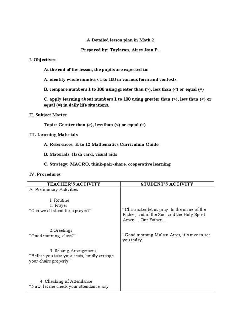 Math 2: Comparing Numbers Lesson Plan | PDF | Communication | Behavior ...