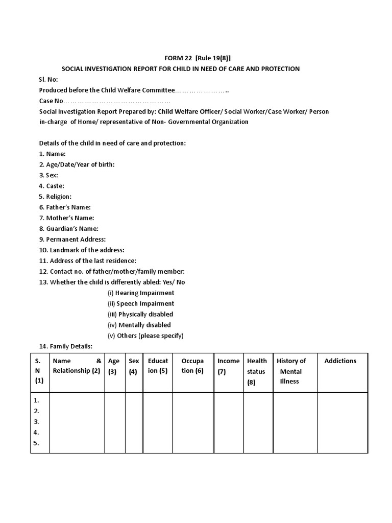 Form 22 rule 19 8 social investigation report for child in need of