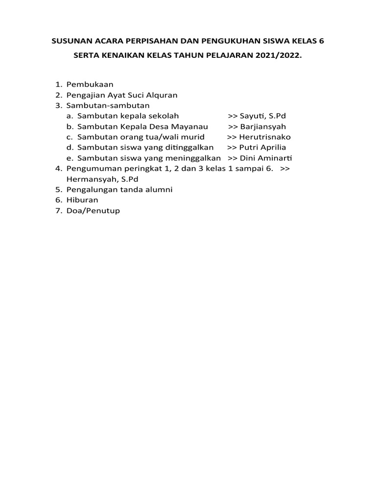 Susunan Acara Perpisahan Dan Pengukuhan Siswa Kelas 6 Pdf