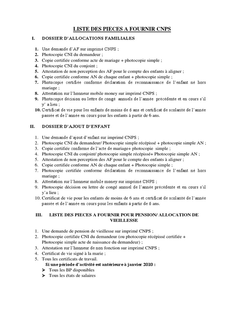Dossier d'Allocations Familiales CNPS | PDF