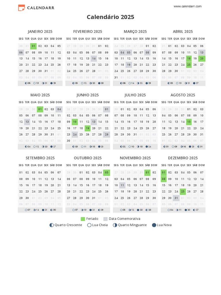 Calendário 2025 para Imprimir Calendarr Download grátis PDF