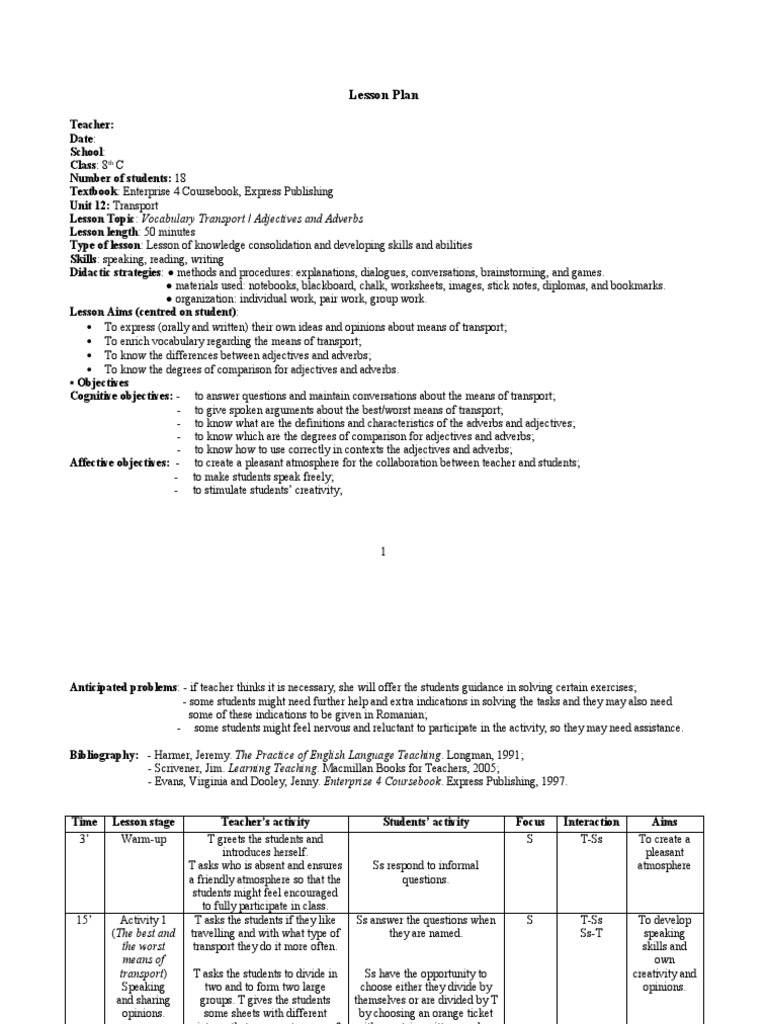 Lesson-Plan-Transport-Adjectives-and-Adverbs | PDF