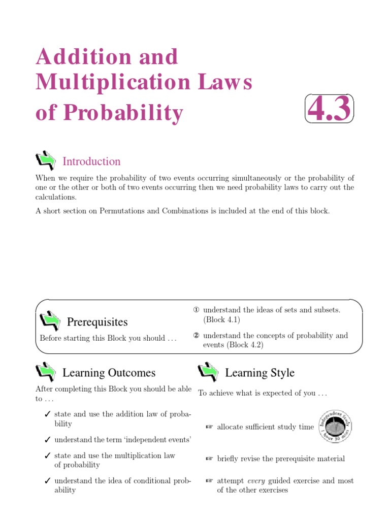 Addition and Multiplication Laws of Probability: Prerequisites | PDF ...