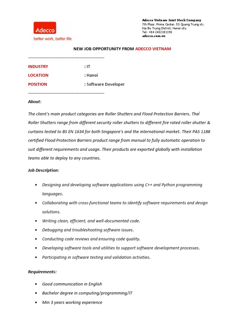Software Developer Job in Hanoi | PDF