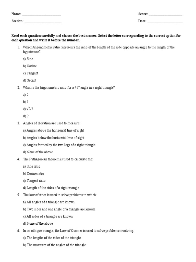 Trigonometry Practice Questions and Answers | PDF | Trigonometric ...