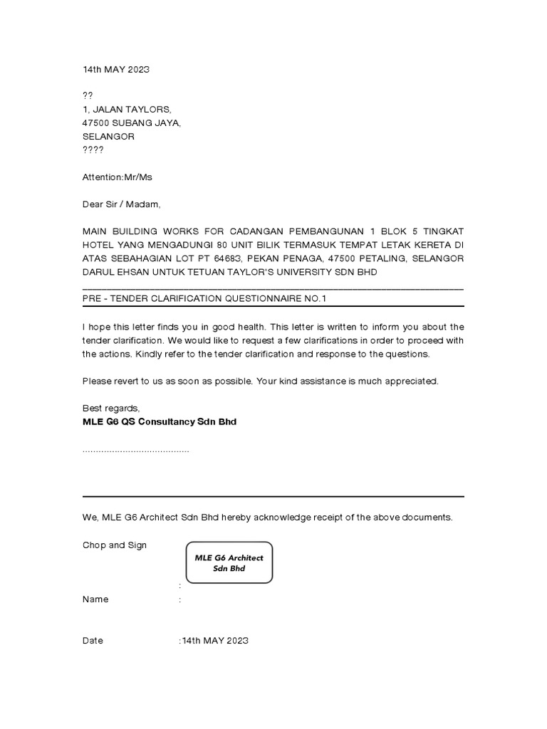 Pre Tender Clarification Questionnaire No 1 Pdf