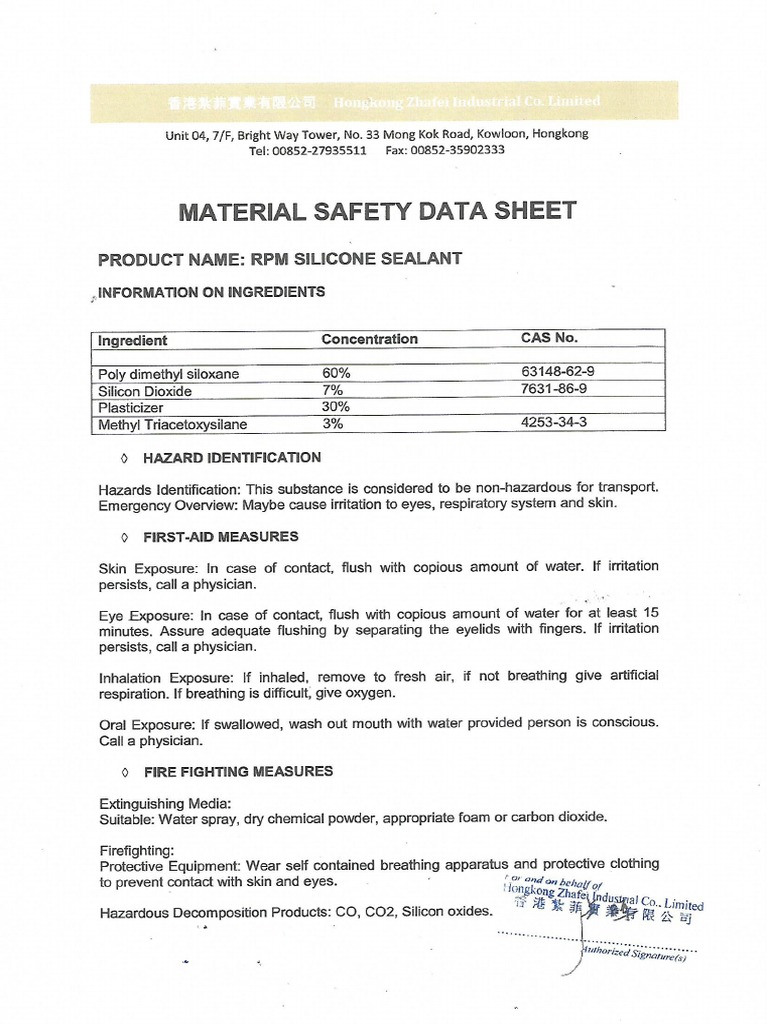 Msds RPM Silicone Sealant PDF