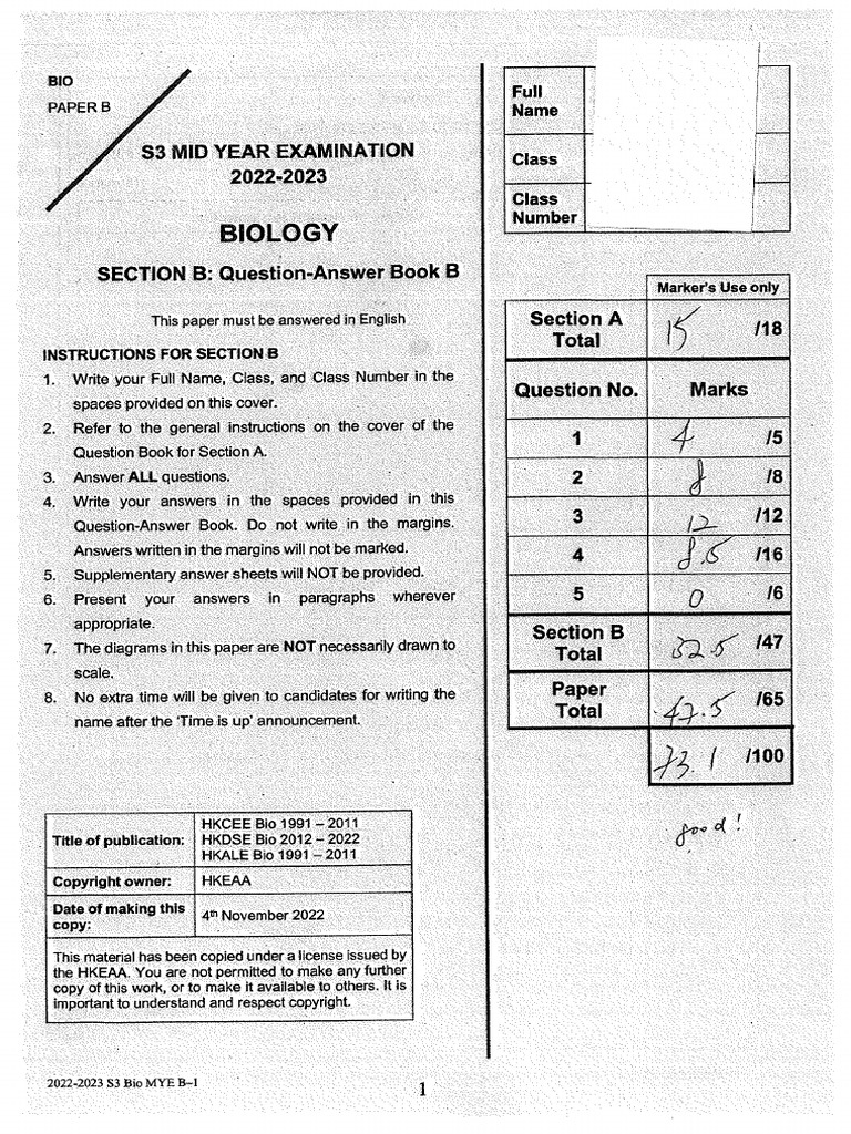 S3 Biology Mid Term Exam PDF