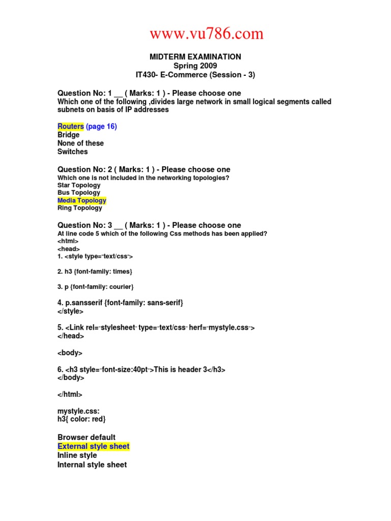 E-Commerce Midterm Exam Questions | PDF | Network Topology | Computer ...