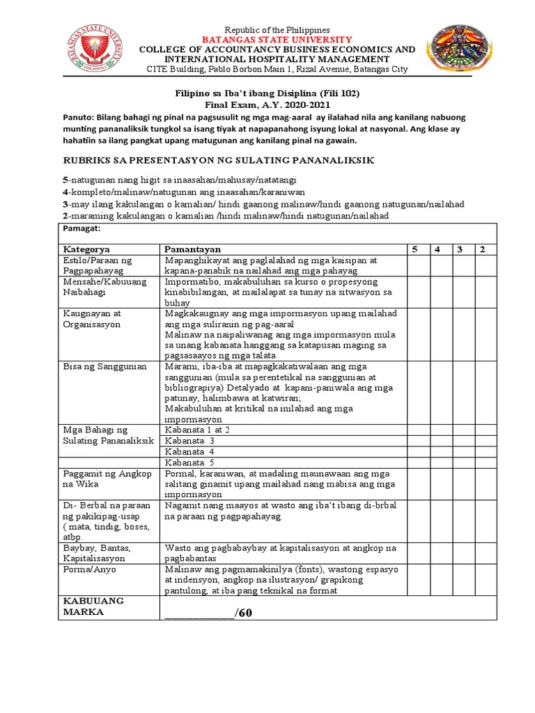 Rubrik Final Exam Output BSA and BSMA | PDF