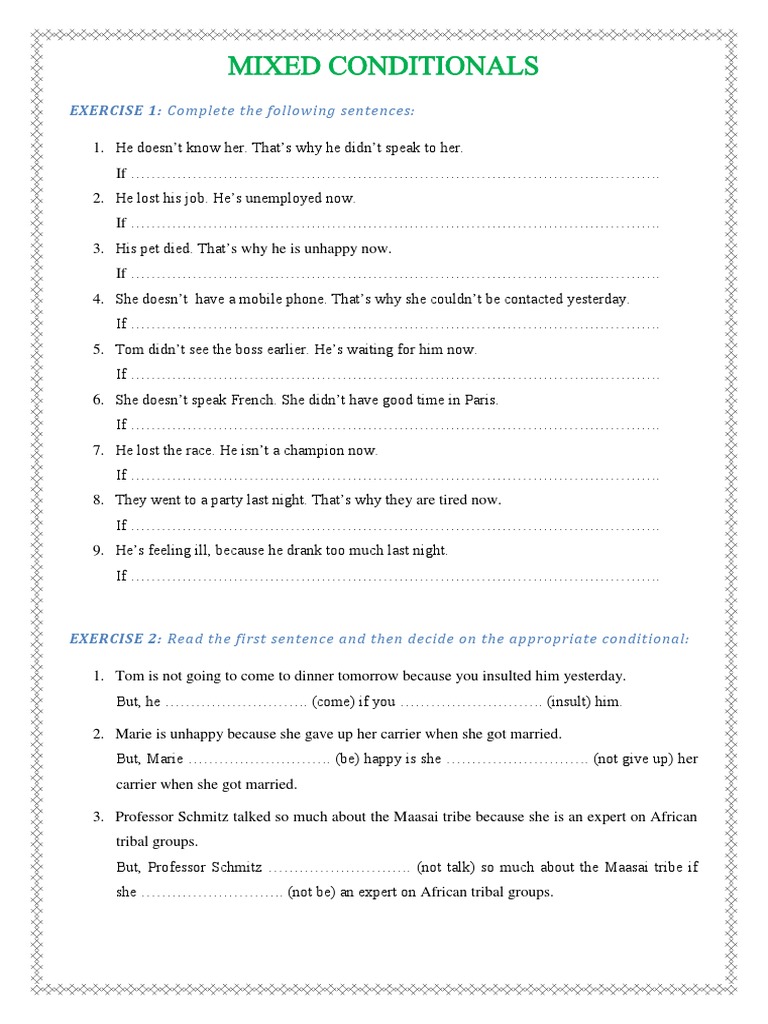Mixed conditionals exercise pdf
