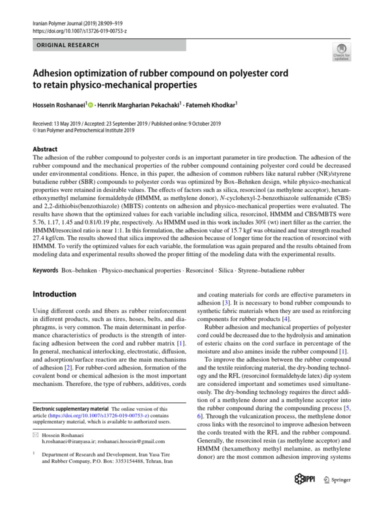 Adhesion Optimization of Rubber Compound On Polyester Cord PDF