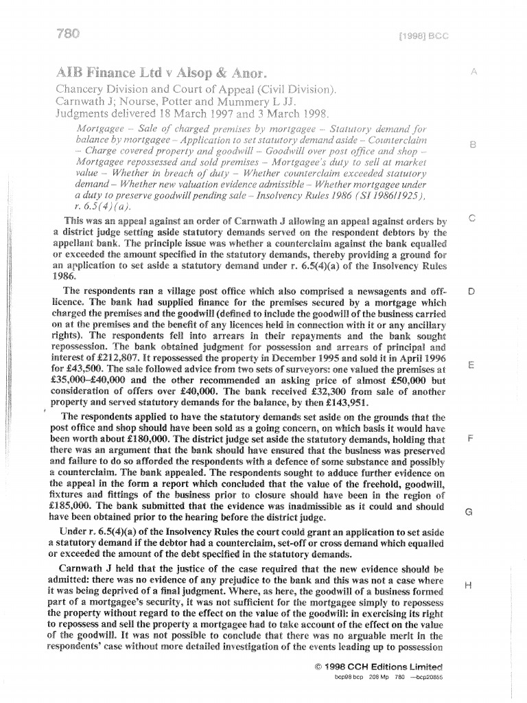 AIB Finance V Alsop (1998) BCC 780 | PDF