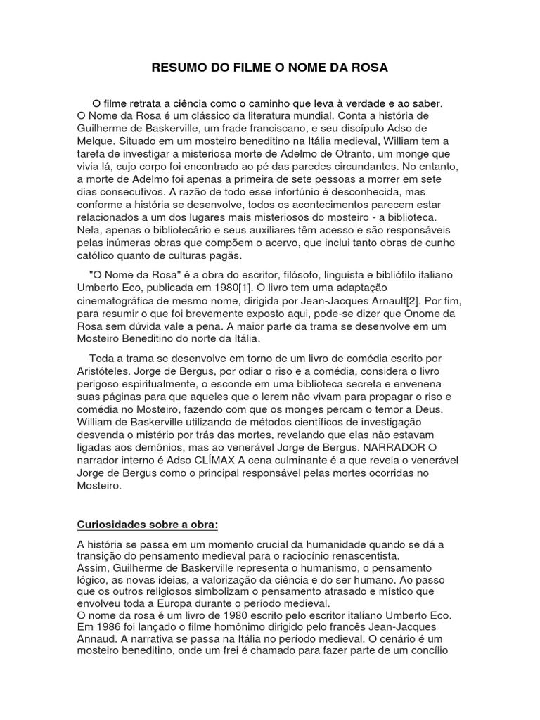 RESUMO DO FILME O NOME DA ROSA | PDF