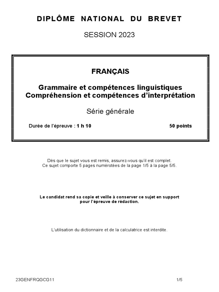 Corrige Sujet Francais Brevet 2023 Brevet 2023 Étranger Grammaire | PDF | Grammaire | Linguistique
