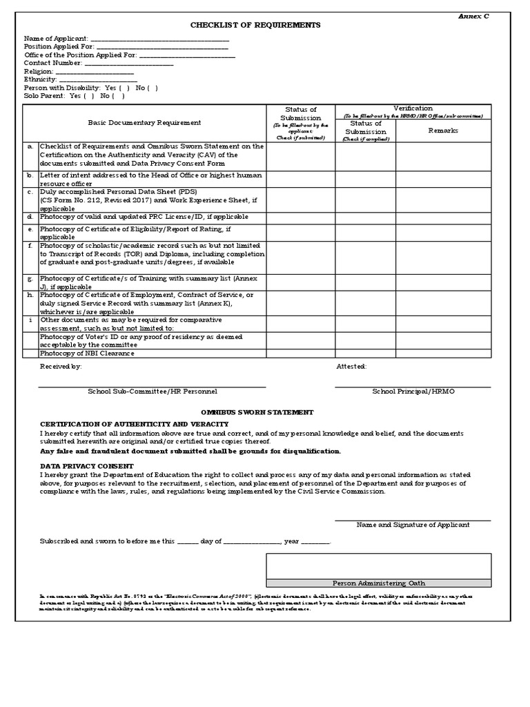 Annex C Checklist of Requirements and Omnibus Sworn Statement TEACHER I