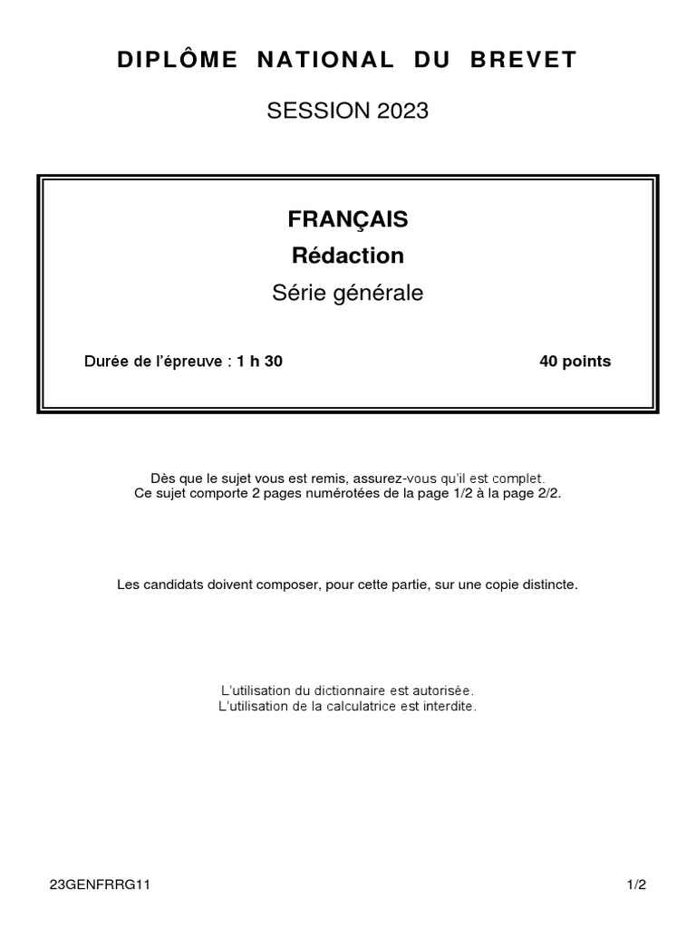 Sujet Brevet 2023 Français Corrigé Brevet 2023 Étranger Redaction | PDF