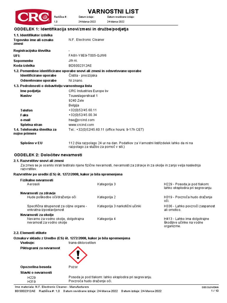 N.F. Electronic Cleaner MSDS (SLO) BDS002312AE PDF