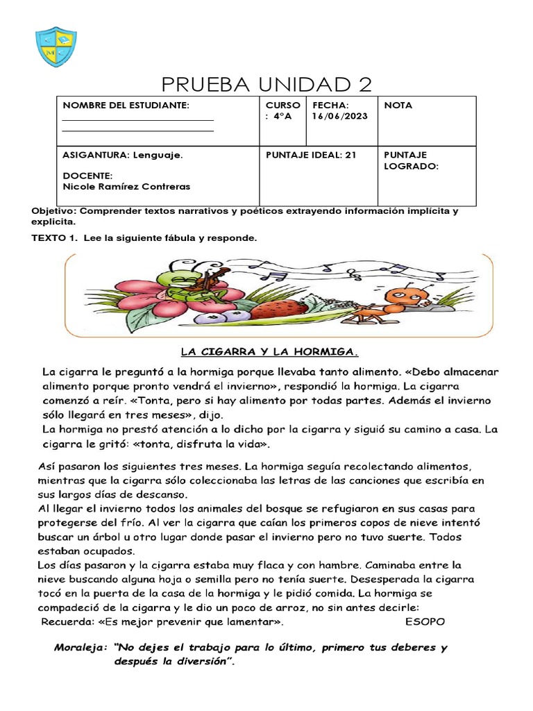 Evaluacion Unidad 2 Lenguaje 4to | PDF