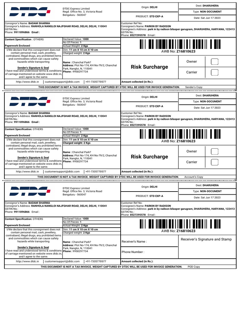 DTDC Shipment Details for Dharuhera | PDF | Mail | Trade