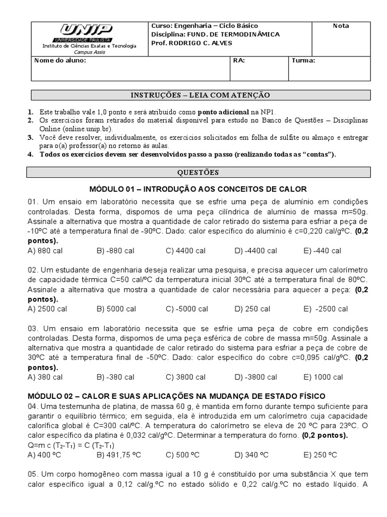 Exercícios de Termodinâmica para Engenharia | PDF | Calor | Temperatura