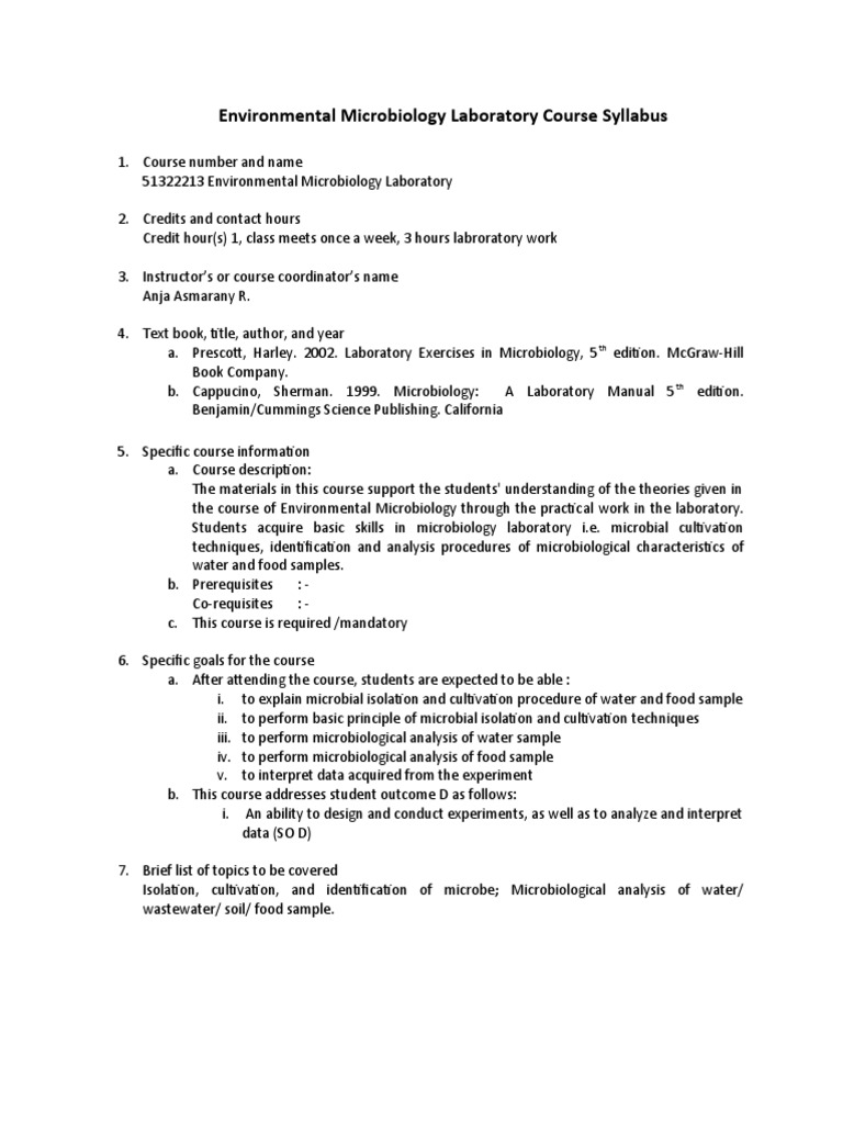 Environmental Microbiology Laboratory Course Syllabus PDF