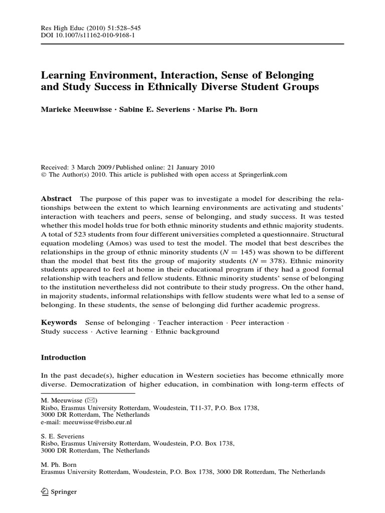 Learning Environment Interaction Sense of Belonging and Study Success ...