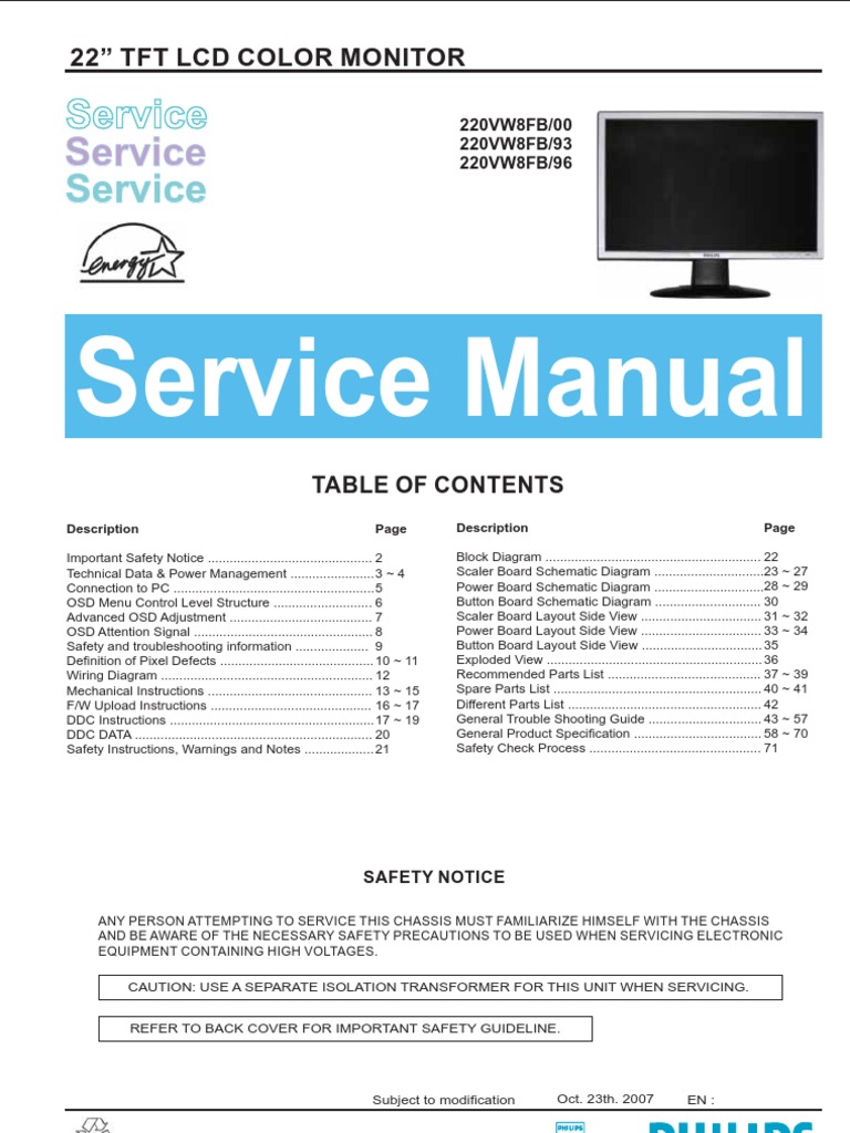 Philips LCD Monitor 220VW8FB service manual | Pixel ...