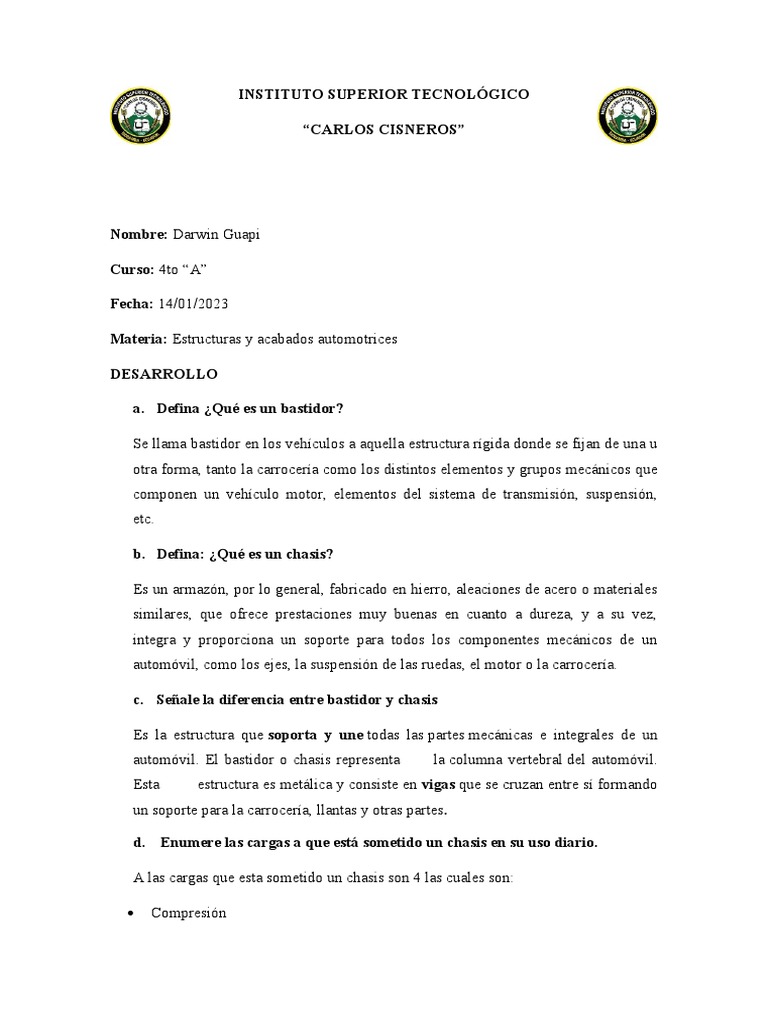 Tarea de Estructuras y Acabados Automotrices Darwin Guapi | PDF ...