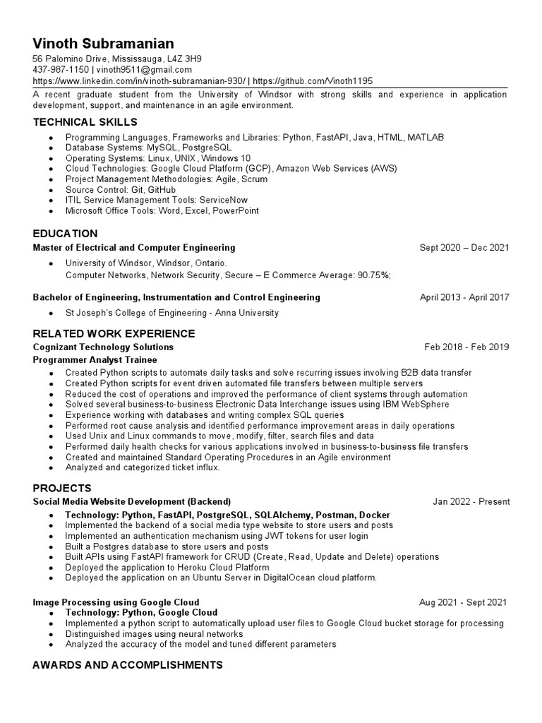 Resume Vinoth Subramanian Latest Full Download Free PDF Cloud