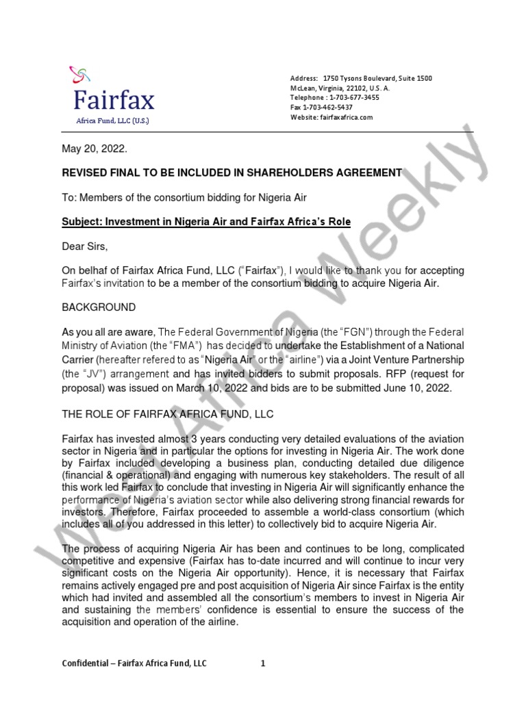 Fairfax’s Investment Banking Terms PDF Consortium Airlines