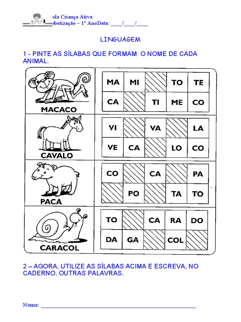 Aula 4 - Pinte As Sílabas Que Formam o Nome de Cada Animal | PDF